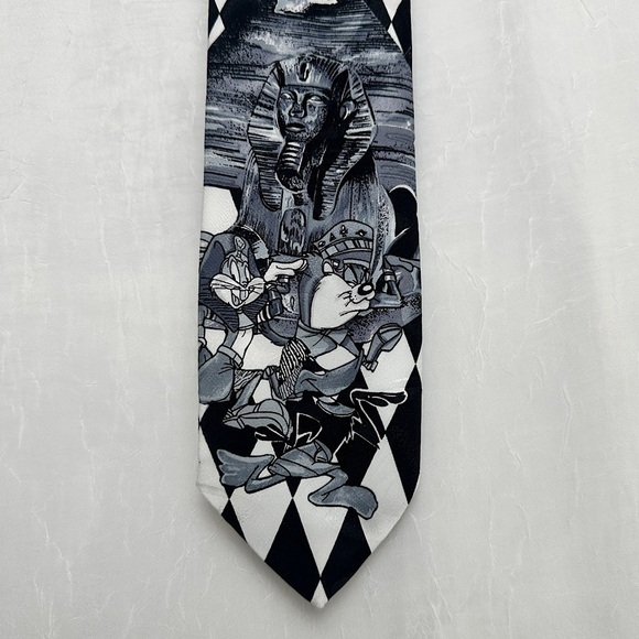 3/$20 💥 Vintage 1995 Looney Tunes Mens Tie Warner Bros. Black & White Diamond - Picture 13 of 16